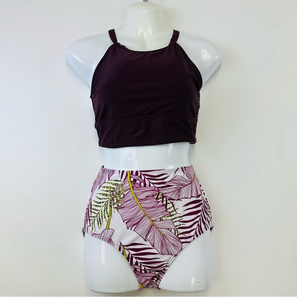 Bikini high waisted Small Print bottom Solid Plum top